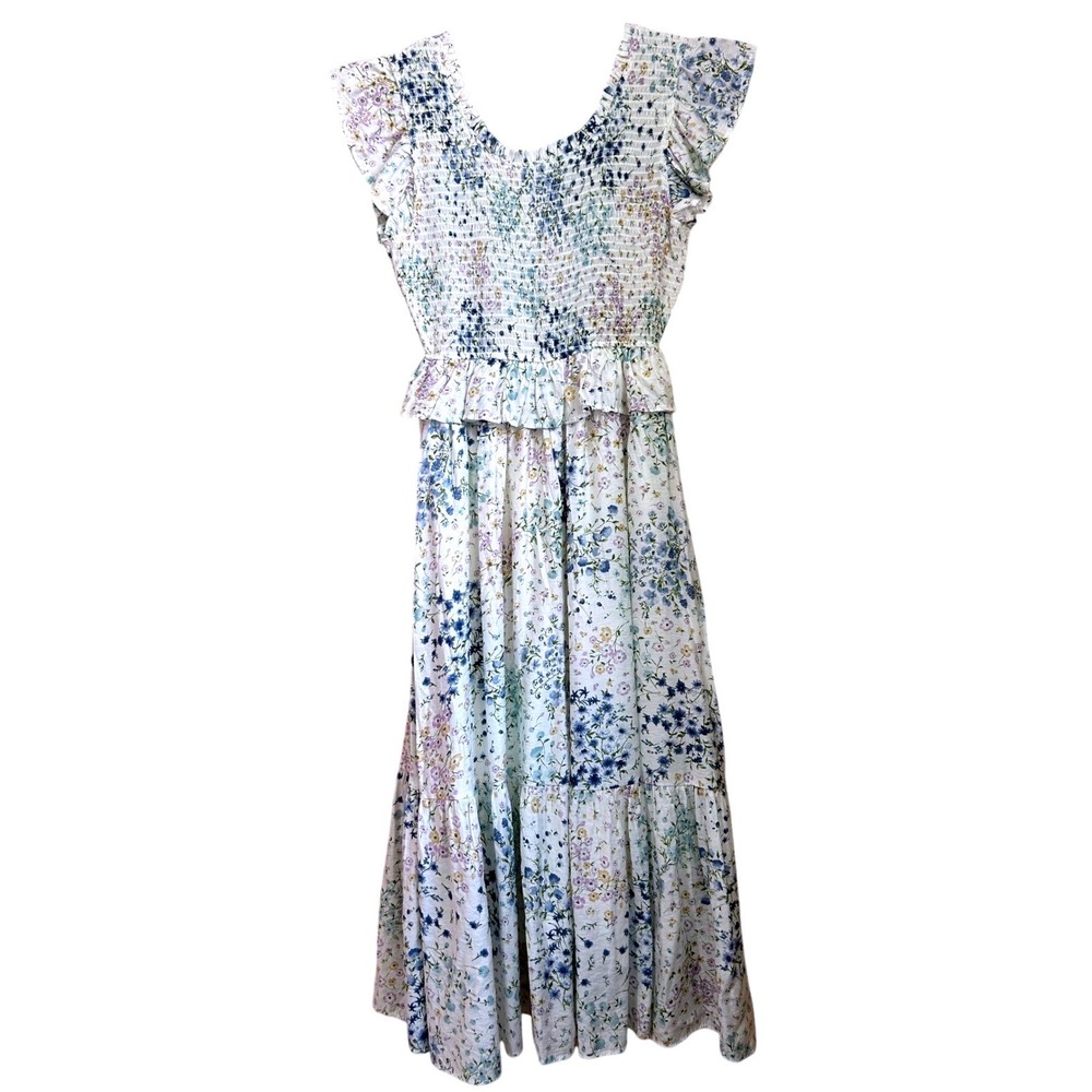 By River Floral Smocked Midi Dress Blue White Ruffle Small Cottage Boho Fairy - Picture 2 of 10